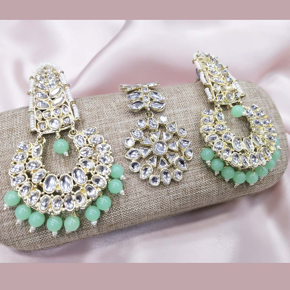 Pooja Bangles Kundan Stone & Beads Dangler Earrings With Maang Tikka