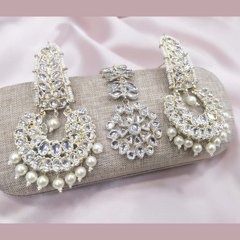 Pooja Bangles Kundan Stone & Beads Dangler Earrings With Maang Tikka