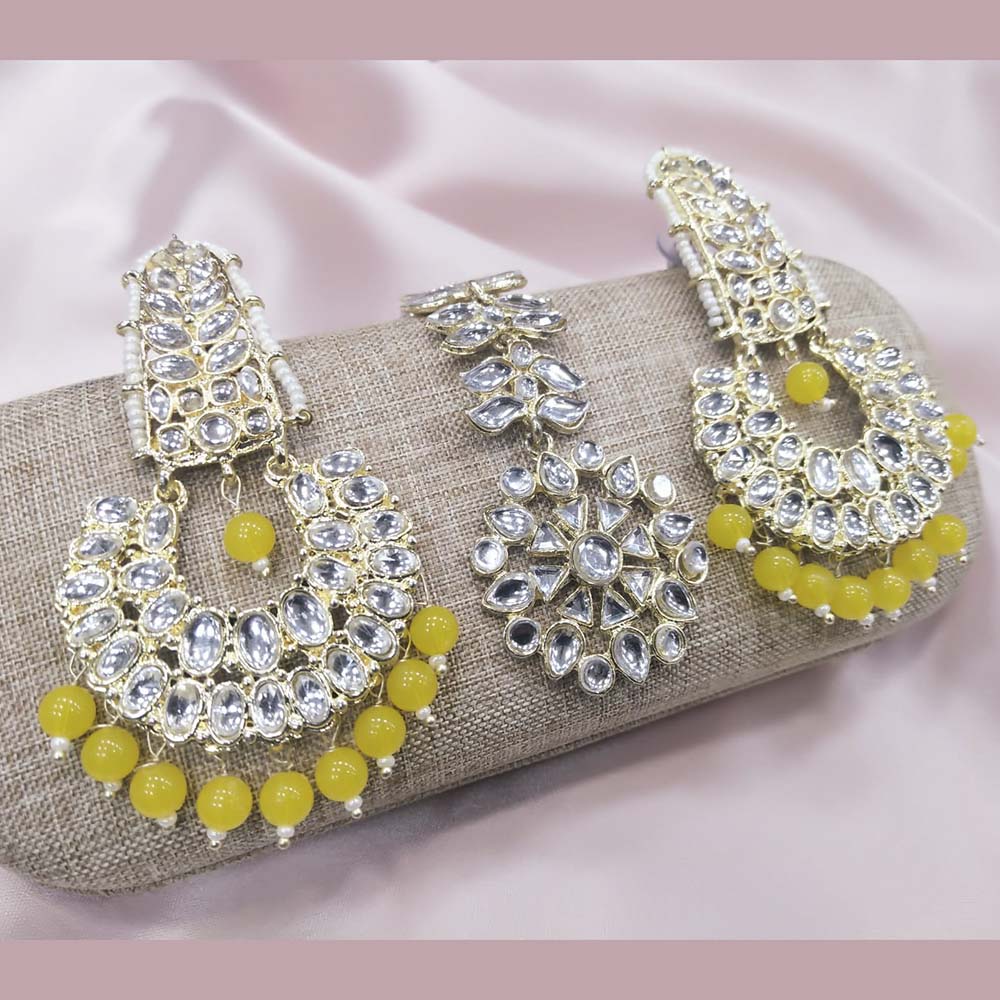 Pooja Bangles Kundan Stone & Beads Dangler Earrings With Maang Tikka