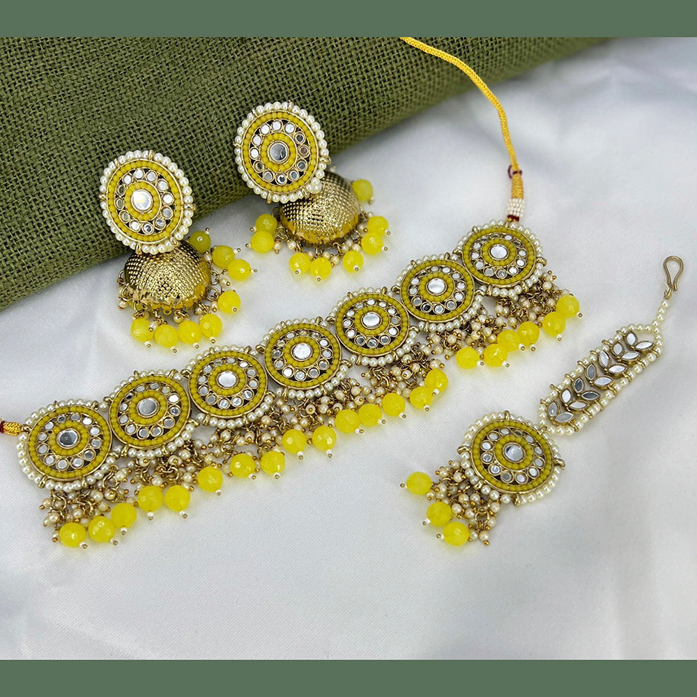 Pooja Bangles Gold Plated Pearl & Beads & Mirror Choker Necklace Set