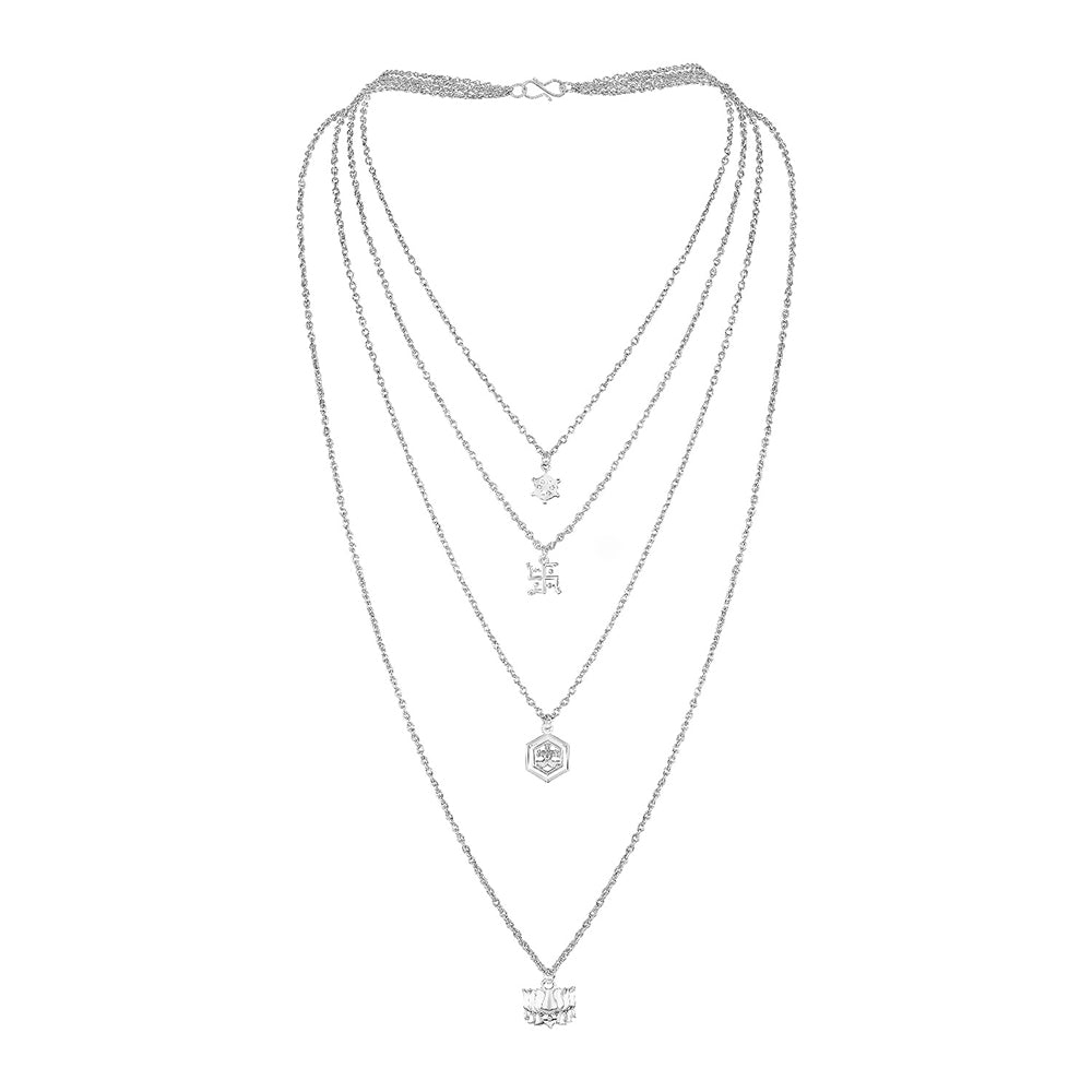 Mahi Multilayer Swastik, Hexagone, Wheel and Lotus Charms Multi Strand Chain Pendants Layered Necklace for Women (PS1101772R)