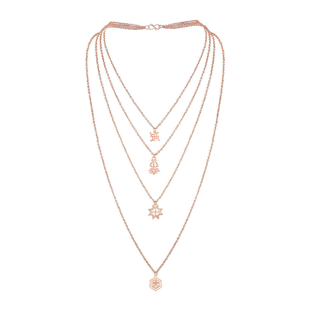 Mahi Multilayer Swastik, Hexagone, Trishul and Sun Charms Multi Strand Chain Pendants Layered Necklace for Women (PS1101773Z)