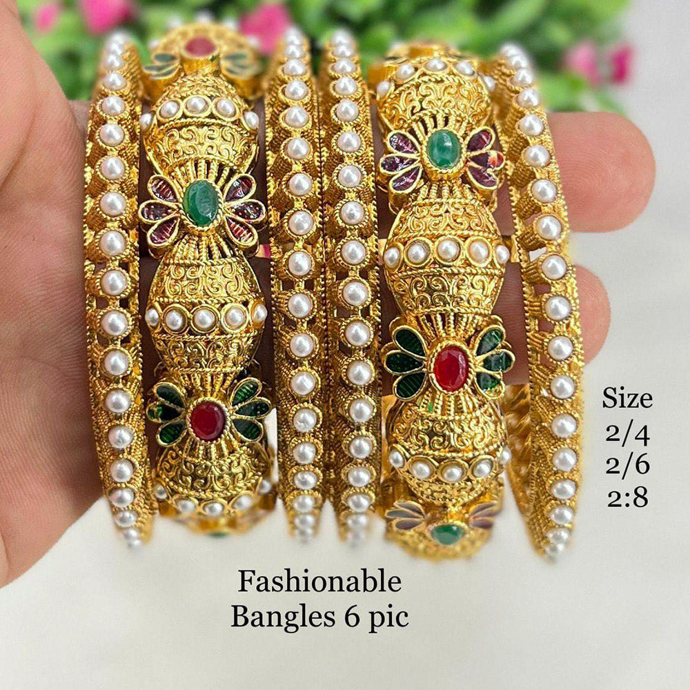 Pooja Bangles Gold Plated Pota Stone & Pearl Bangles Set