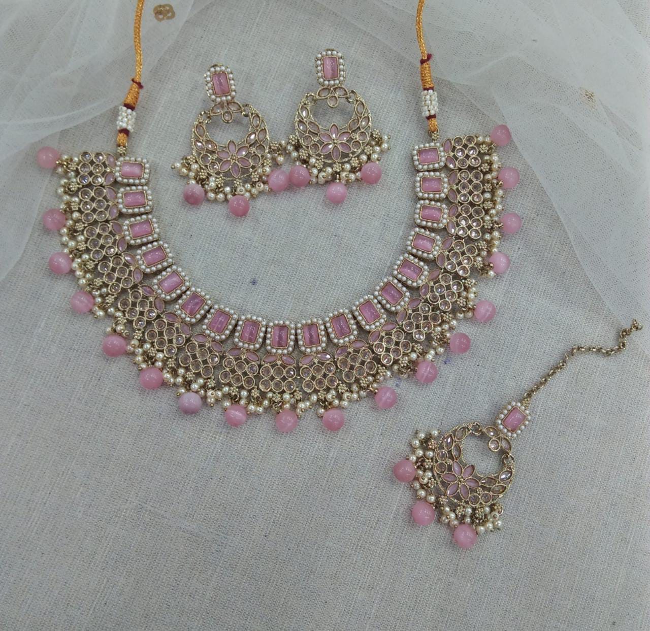 Pooja Bangles Gold Plated Austrian Stone Beads Necklace Set With Maangtikka