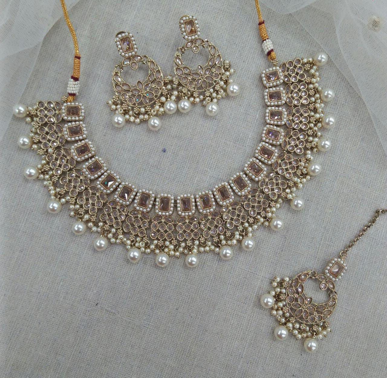 Pooja Bangles Gold Plated Austrian Stone Beads Necklace Set With Maangtikka