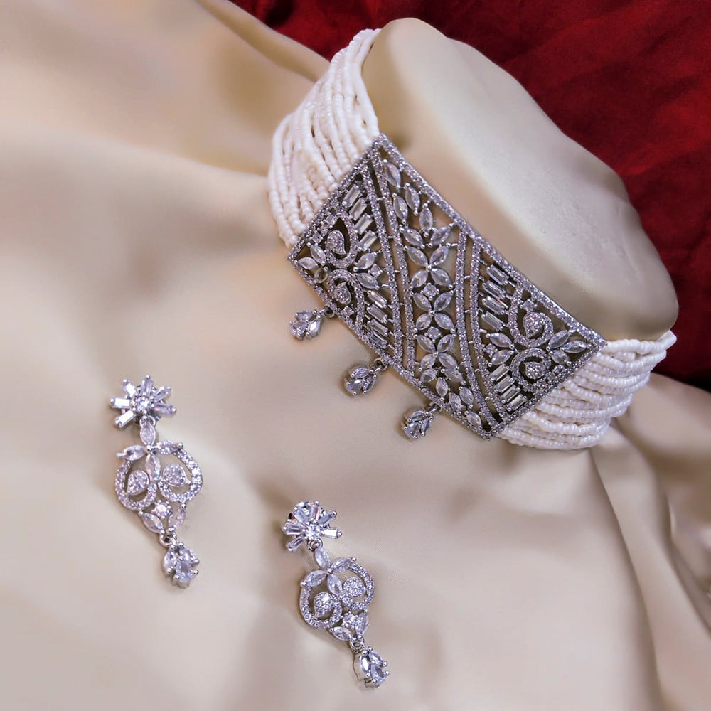 Pooja Bangles Silver Plated American Diamond Pearl Choker Necklace