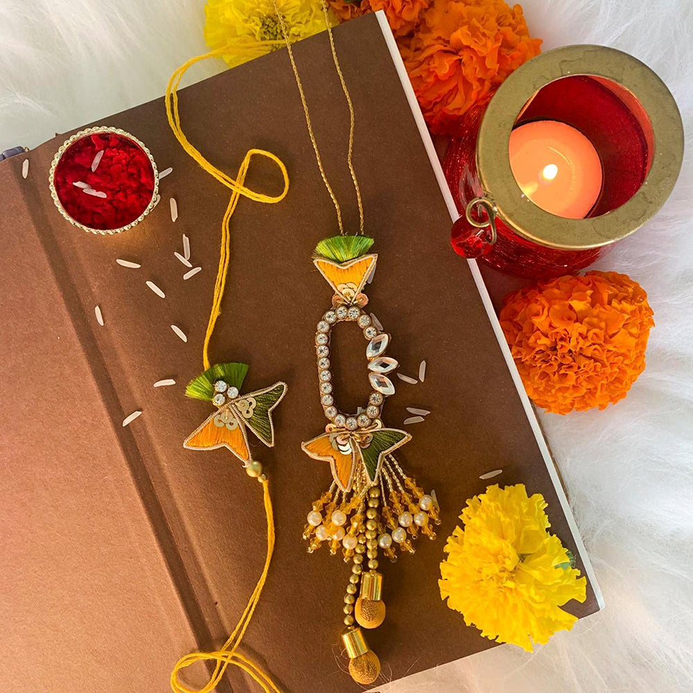 Etnico Designer Bhaiya Bhabhi Hanging Lumba Rakhi Combo Set With Roli Chawal for Rakshabhandan (R042-CO)