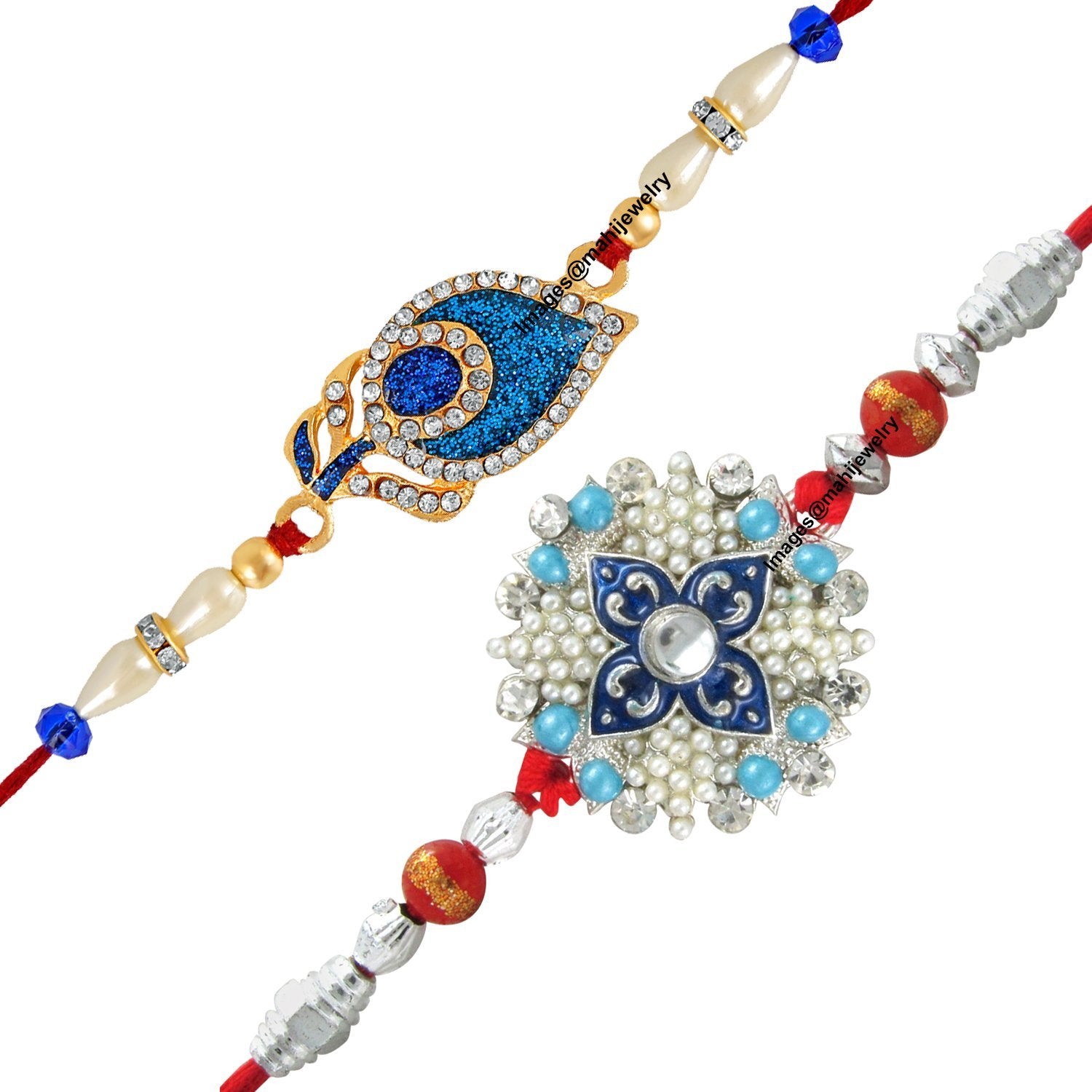 Mahi Designer Peacock Feather & Floral Crystal Rakhi Set For Bhaiya Bhabhi - Blue & White Alloy Bracelet