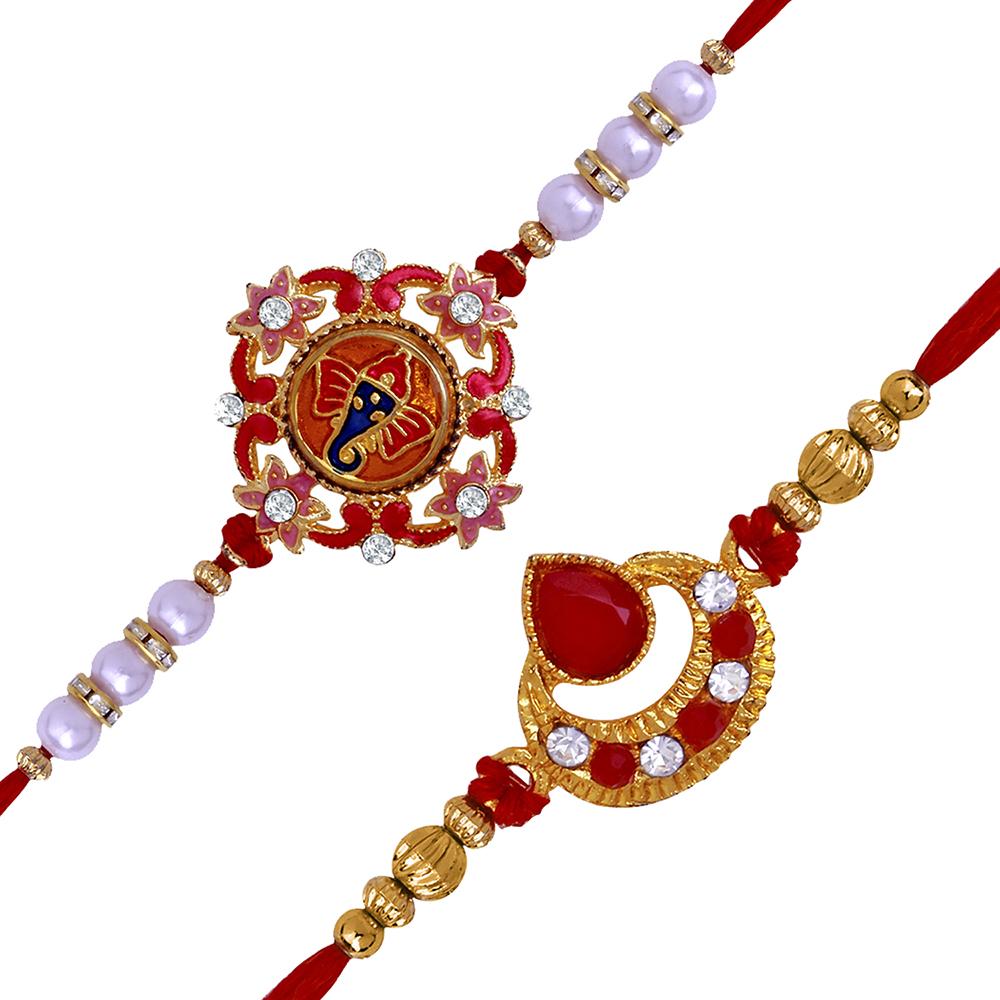 Mahi Combo of 2 Designer Red, White Crystals, Artificial Pearl Rakhi's for Brother (RCO1105244G)