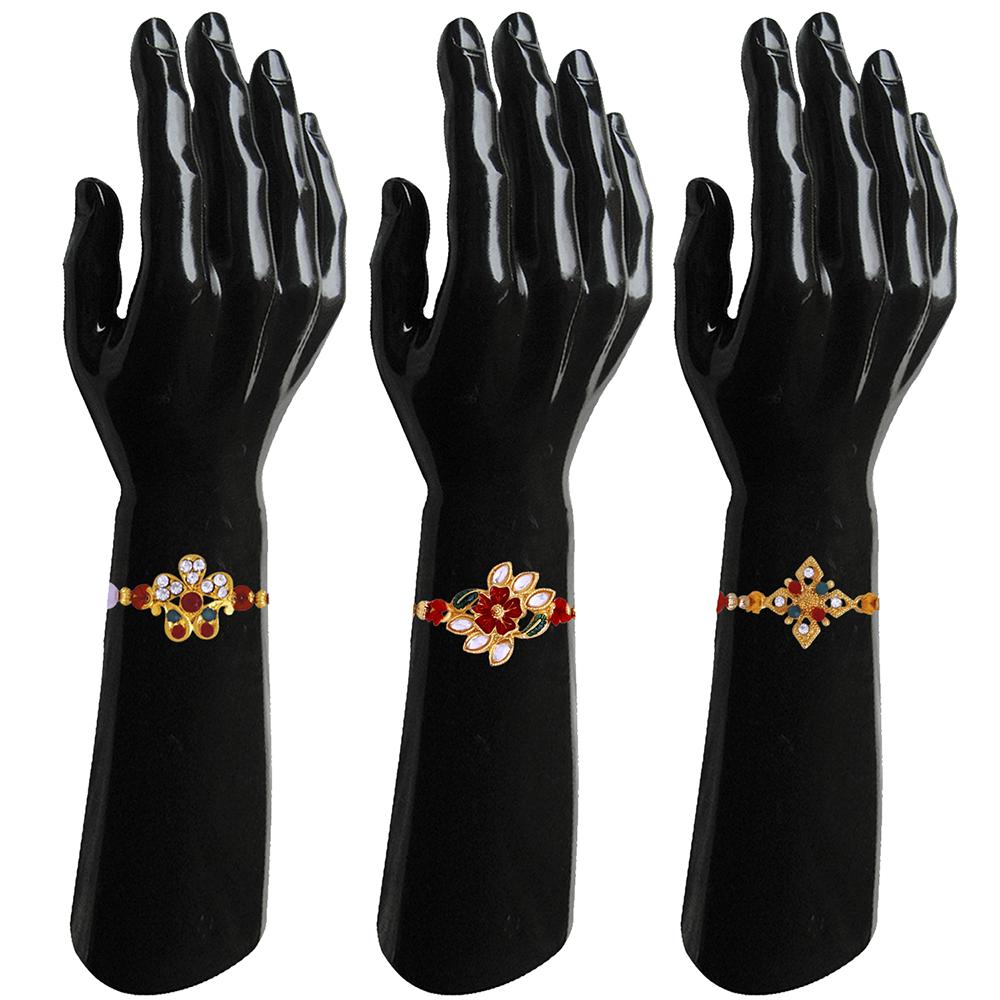 Mahi Combo of 3 Designer Red, White Crystals and Artificial Pearl Rakhi's for Brother (RCO1105250G)