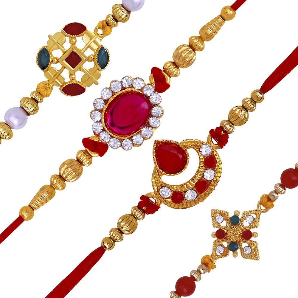 Mahi Combo of 4 Designer Multicolor Crystals Rakhi's for Brother (RCO1105253G)