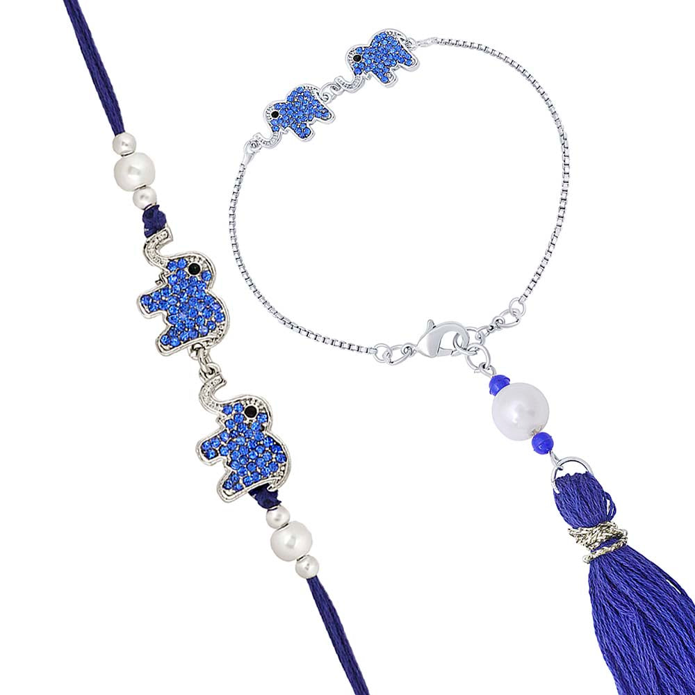 Mahi Dual Elephant Shape Blue Crystals Rakhi Combo for Bhaiya and Bhabhi (RCOL1105338M)