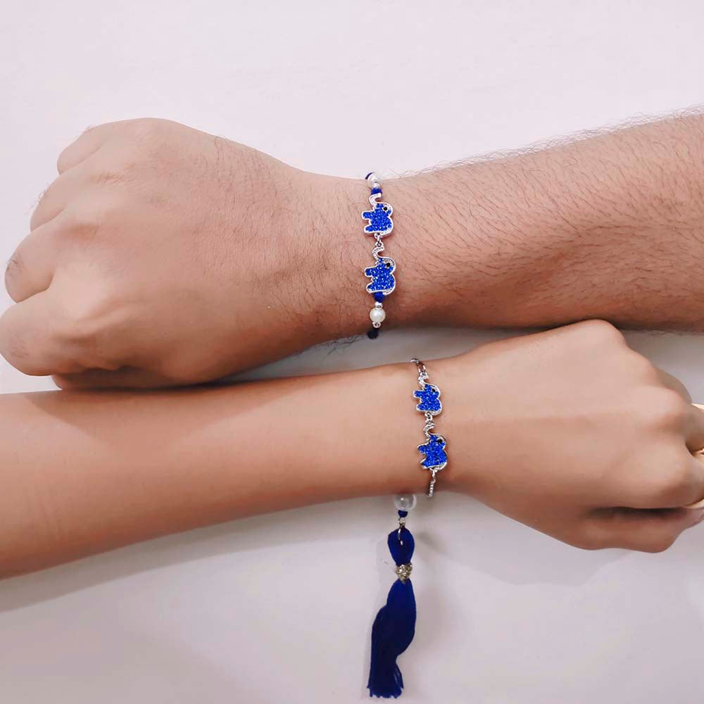Mahi Dual Elephant Shape Blue Crystals Rakhi Combo for Bhaiya and Bhabhi (RCOL1105338M)