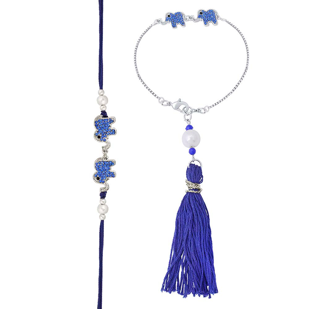 Mahi Dual Elephant Shape Blue Crystals Rakhi Combo for Bhaiya and Bhabhi (RCOL1105338M)