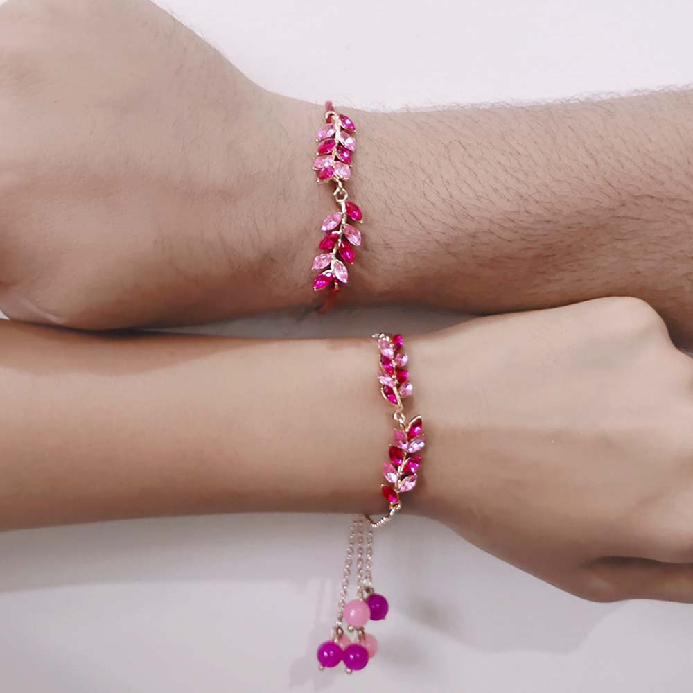 Mahi Light and Dark Pink Leafe Shape Crystals Rakhi Combo for Bhaiya and Bhabhi (RCOL1105340M)