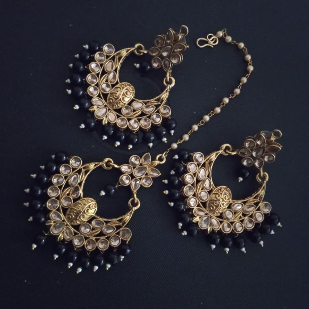 Sai Fashion Gold Plated Kundan And Beads Designer Dangler Earrings With Maang Tikka