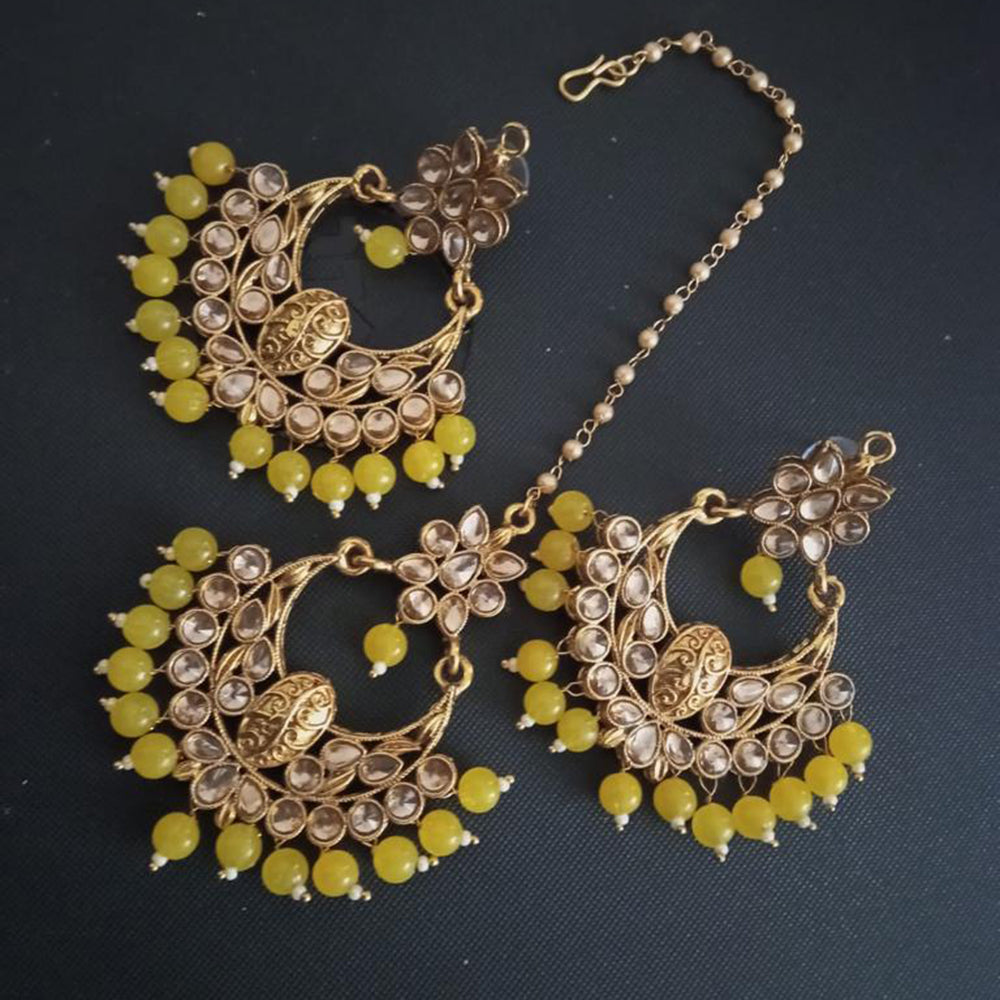 Sai Fashion Gold Plated Kundan And Beads Designer Dangler Earrings With Maang Tikka