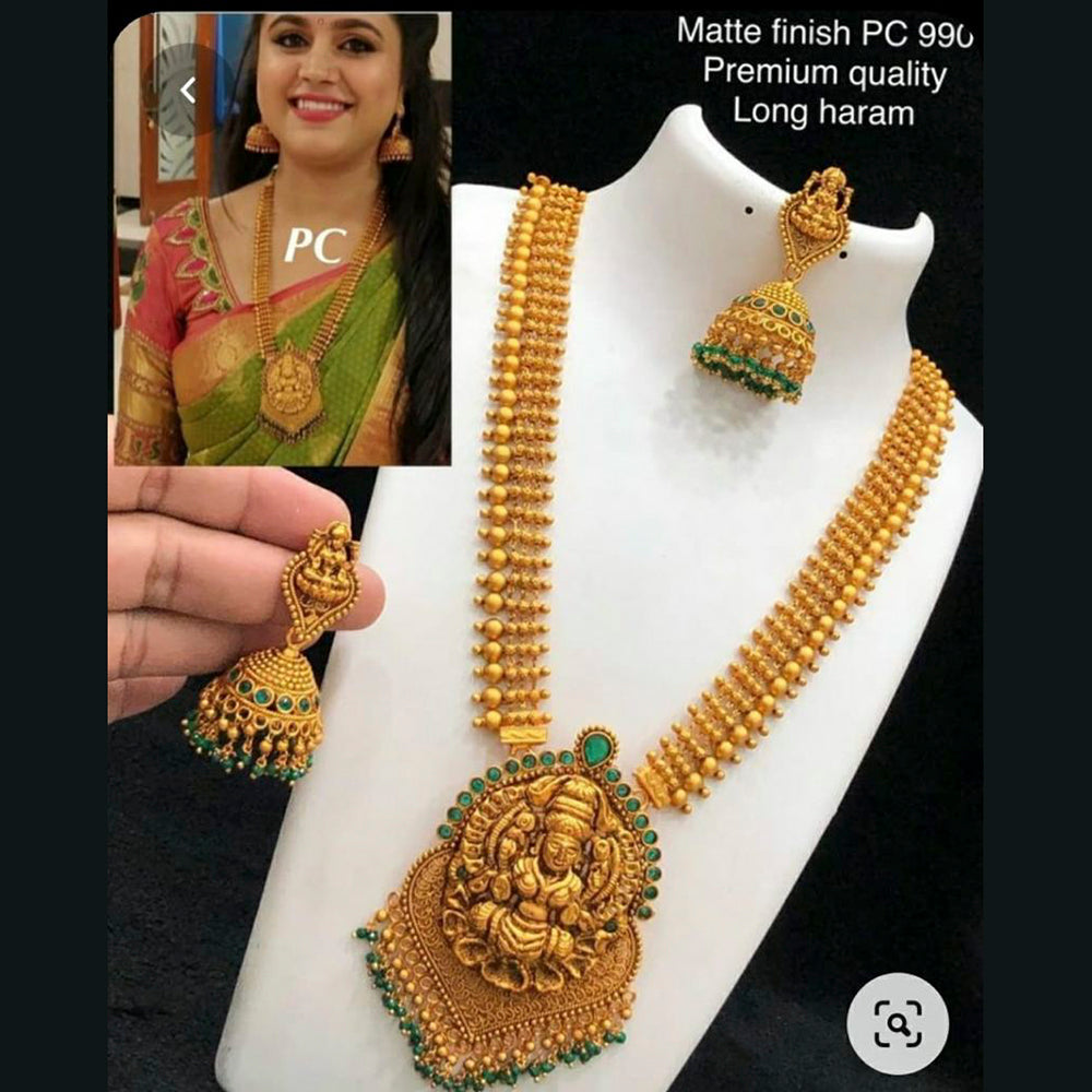 Sai Fashion Gold Plated Green Pota Stone Traditional Long Necklace Set