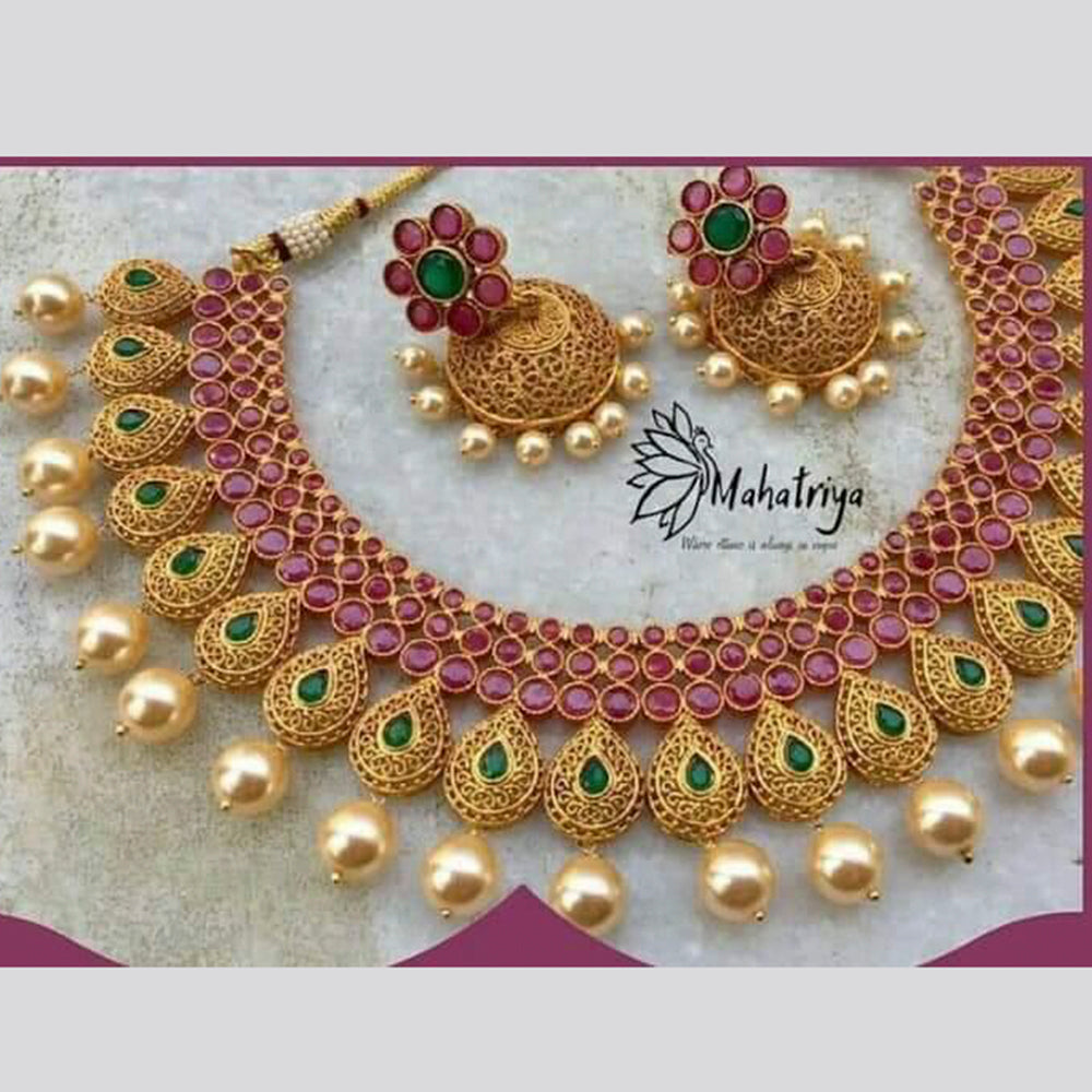 Sai Fashion Gold Plated Green & Pink Kundan Stone Necklace Set