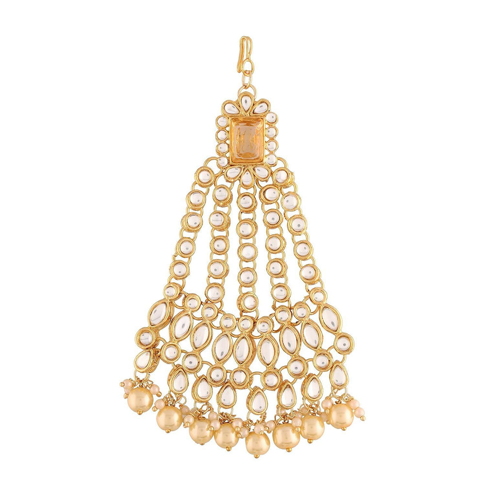Etnico 18K Gold Plated Mughal Beautiful Long Pearl Kundan Jhumar Passa/Jhoomar Maang Tikka for Women (T2054FL)