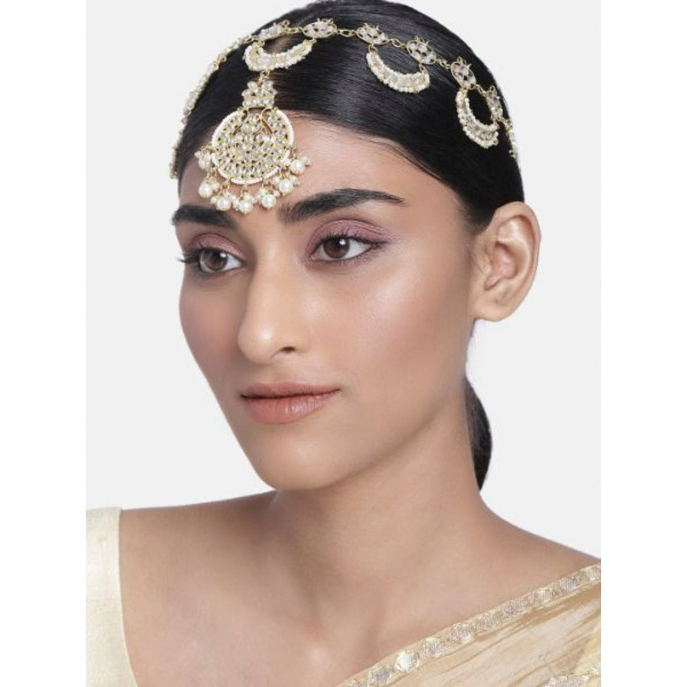 Etnico18k Gold Plated Traditional Floral Kundan Pearl Studded Rajasthani Sheeshphool/ Mathapatti for Women (T2065W)