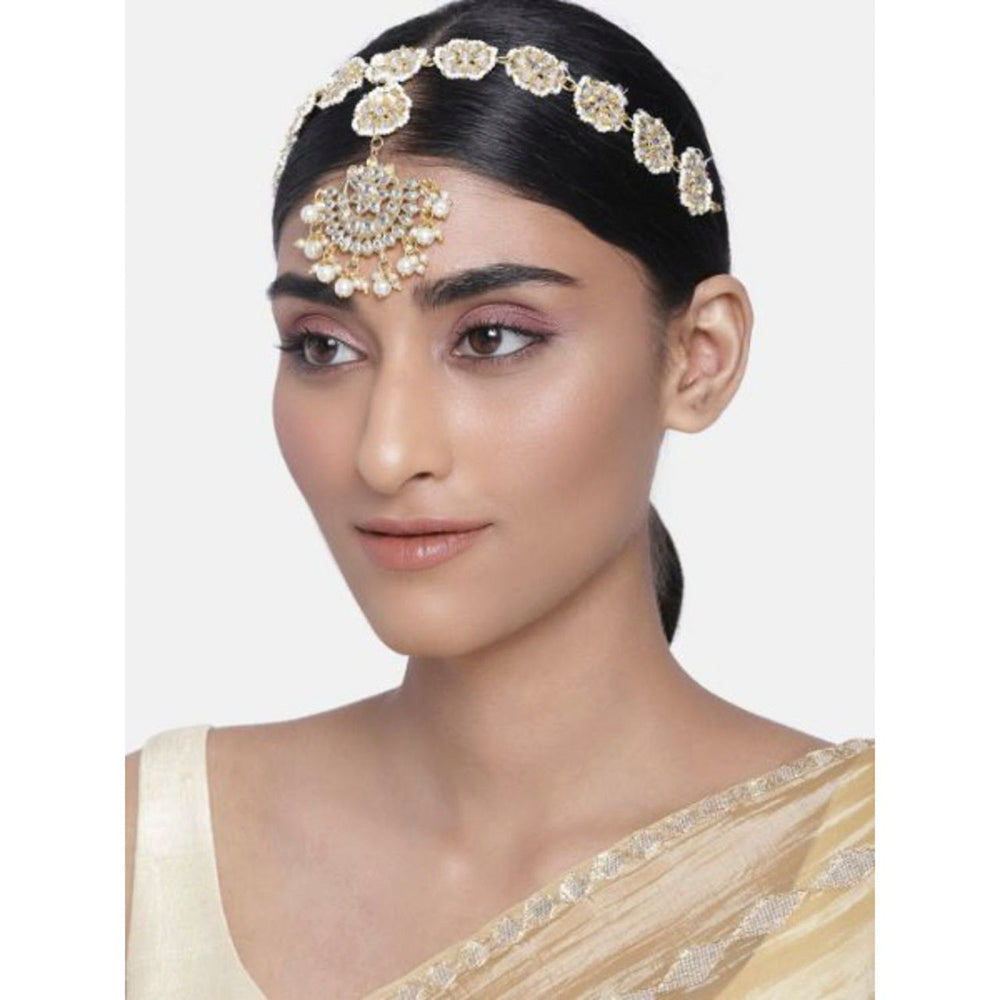 Etnico18k Gold Plated Traditional Floral Kundan Pearl Studded Rajasthani Sheeshphool/Mathapatti for Women (T2066W)