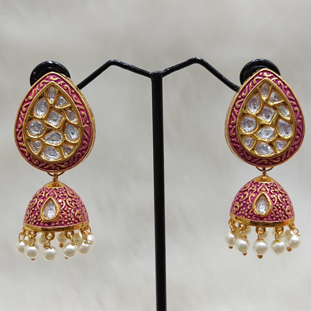 Tarangavi Pink Matte Kundan Jhumka Earrings