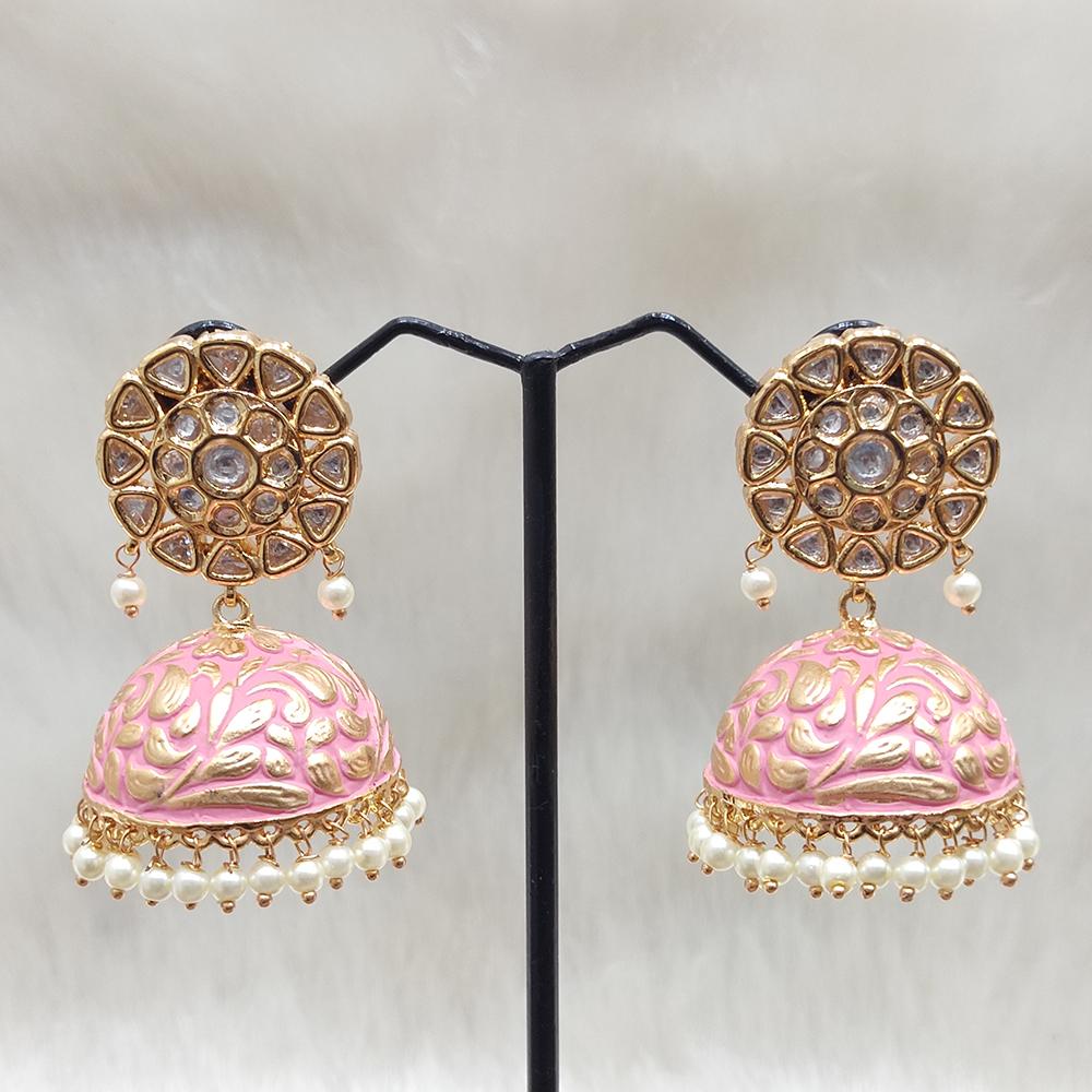 Tarangavi Pink Matte Kundan Pearl Jhumka Earrings