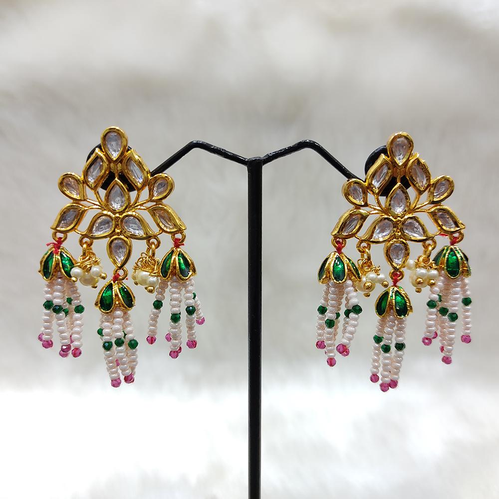Tarangavi Green Meenakari Kundan Pearl Dangler Earrings