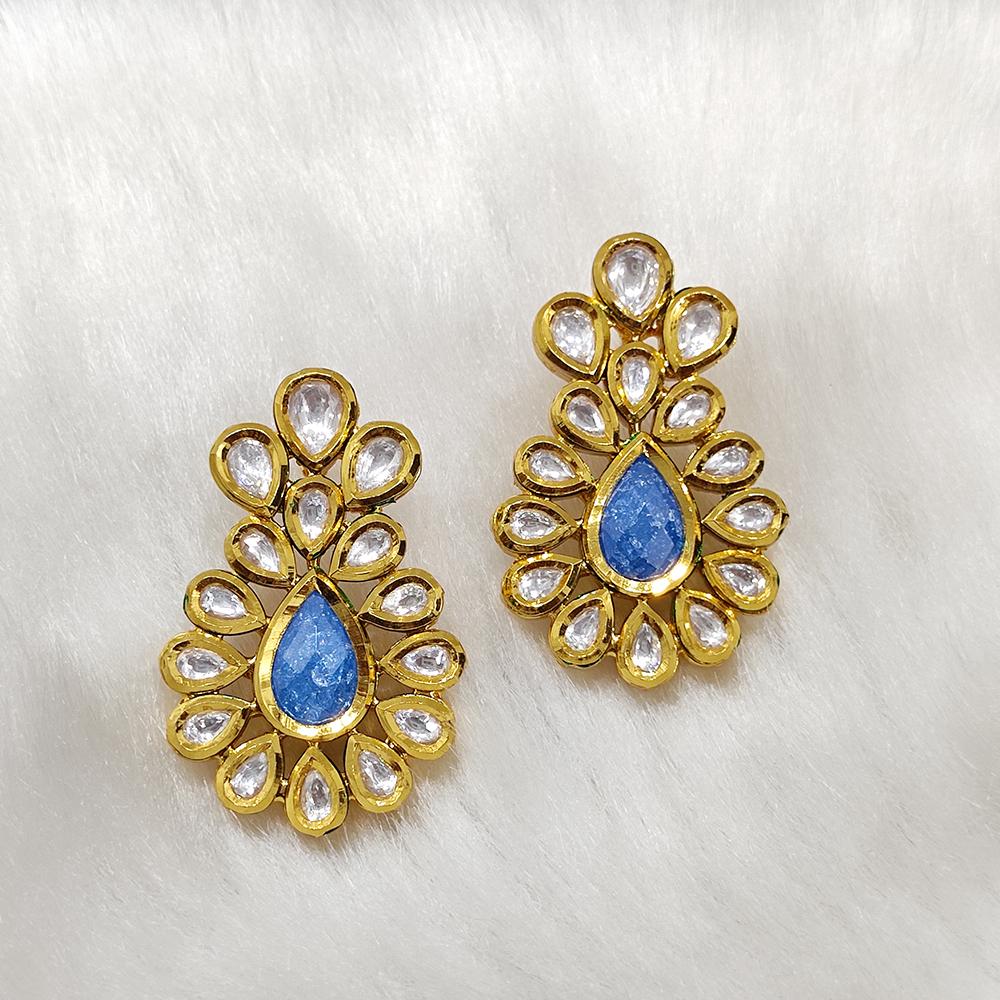 Tarangavi Blue Kundan Gold Plated Floral Earrings