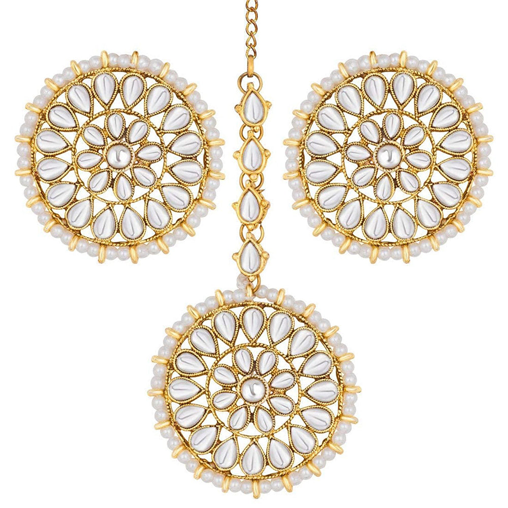 Etnico18K Gold Plated Traditional Kundan Pearl Royal Round Earring Maang Tikka Set Indian Traditional Jewellery for Women (TE2873W)