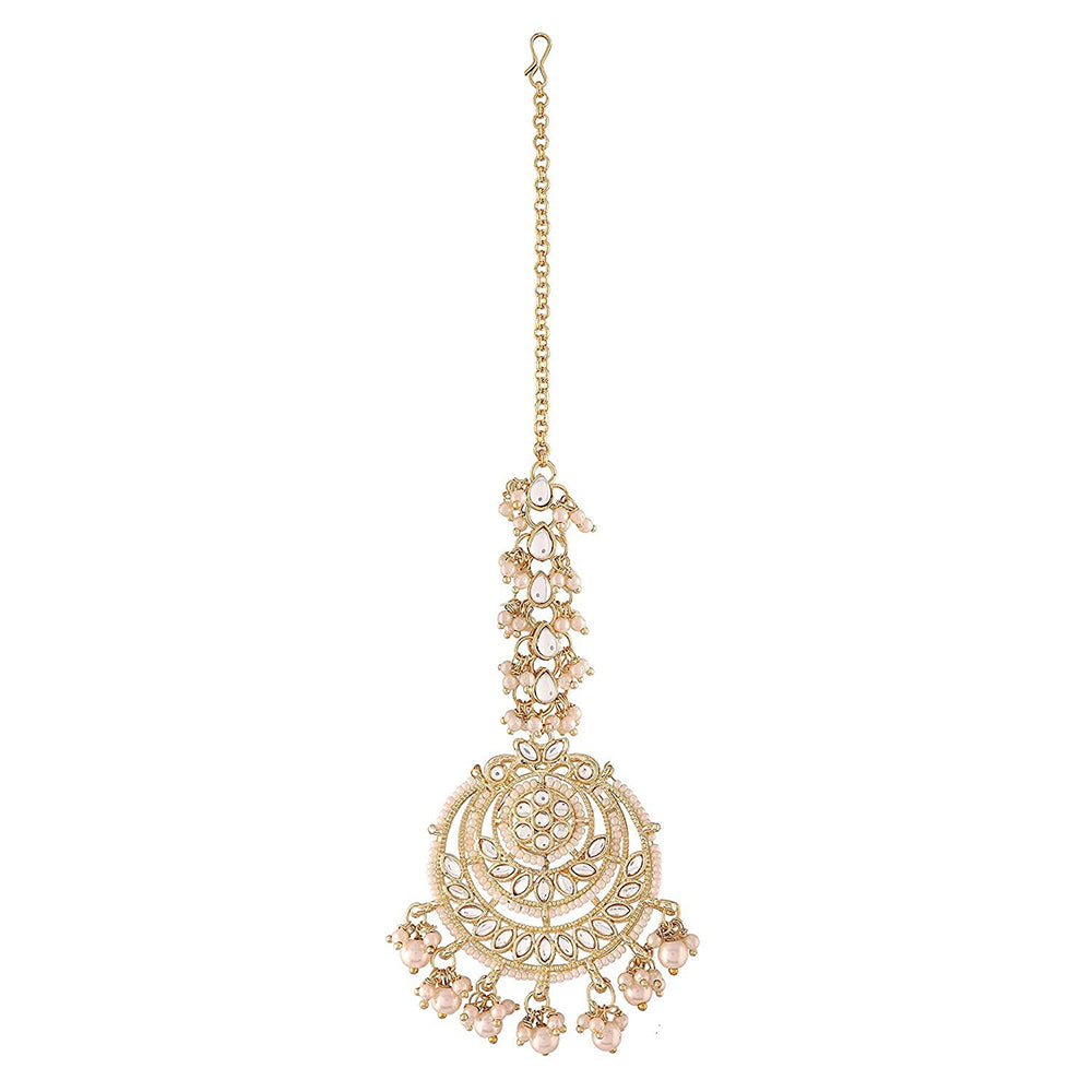 Etnico18K Gold Plated Traditional Big Kundan & Pearl Chandbali Earrings with Maang Tikka Set for Women/Girls (TE3002W)