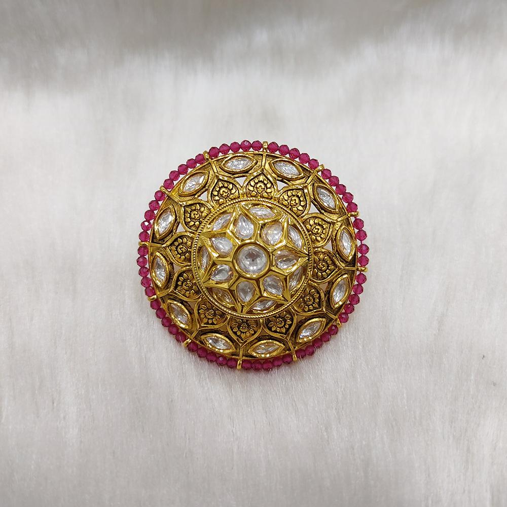 Tarangavi Red Kundan Gold Plated Floral Ring