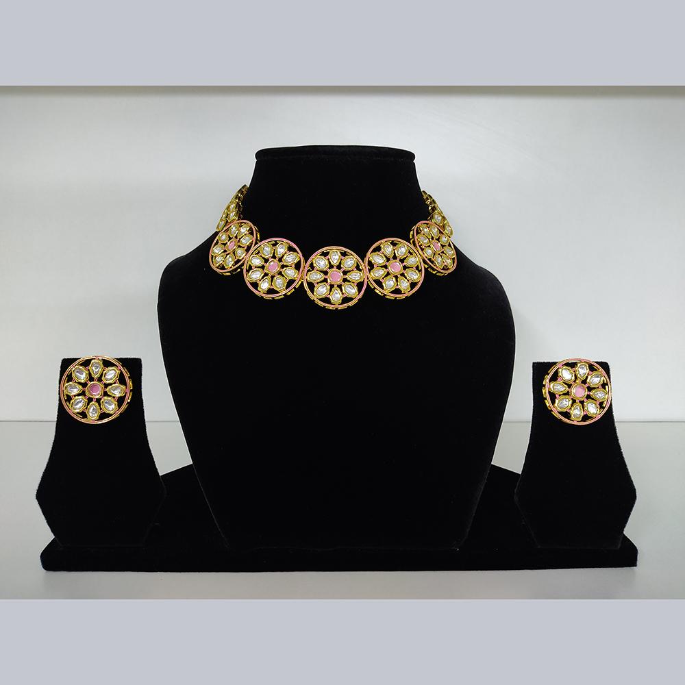Tarangavi Pink Matte & Kundan Gold Plated Floral Choker Necklace Set