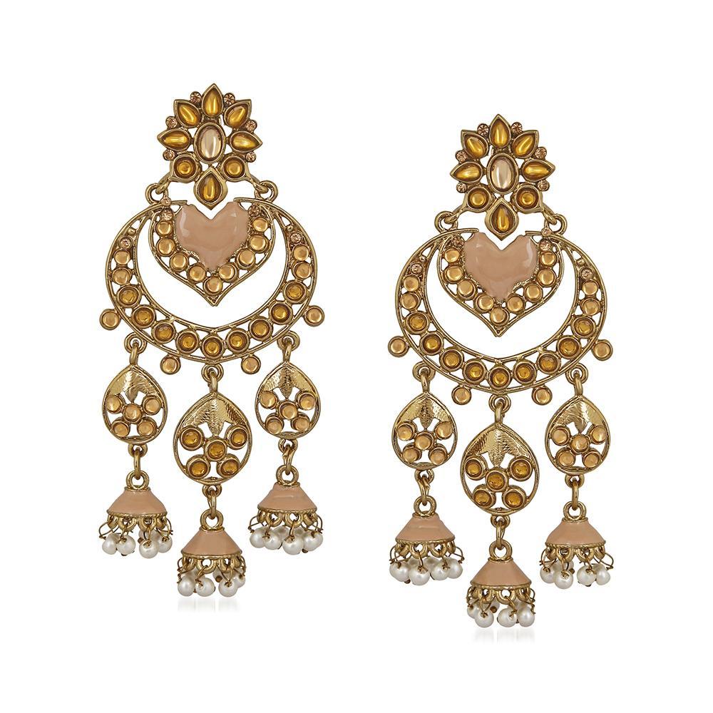 Mahi Traditional Floral Heart Layered Jhumki Long Dangler with Kundan and Artificial Pearl for Women (VECJ100243)