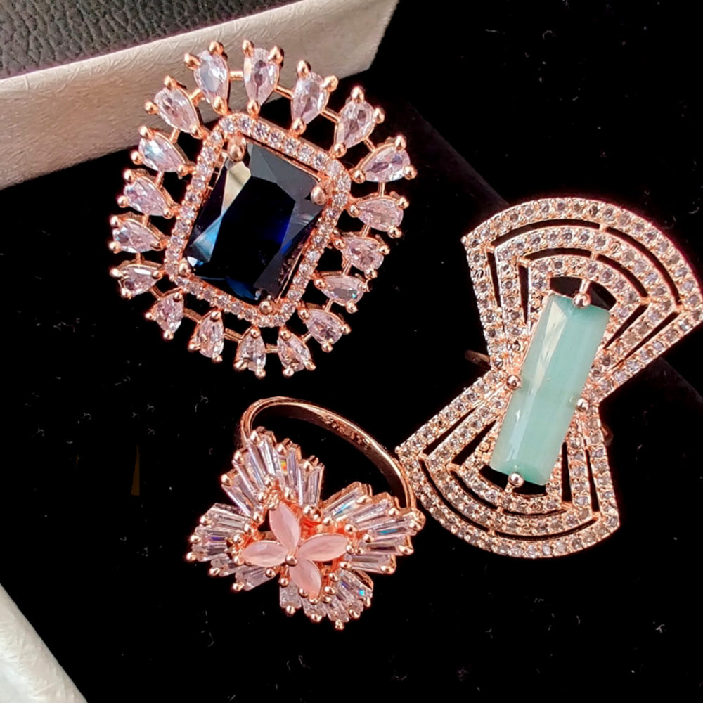 Vaamika Gold Plated Pack Of 3 Ad Stone Ring Combo