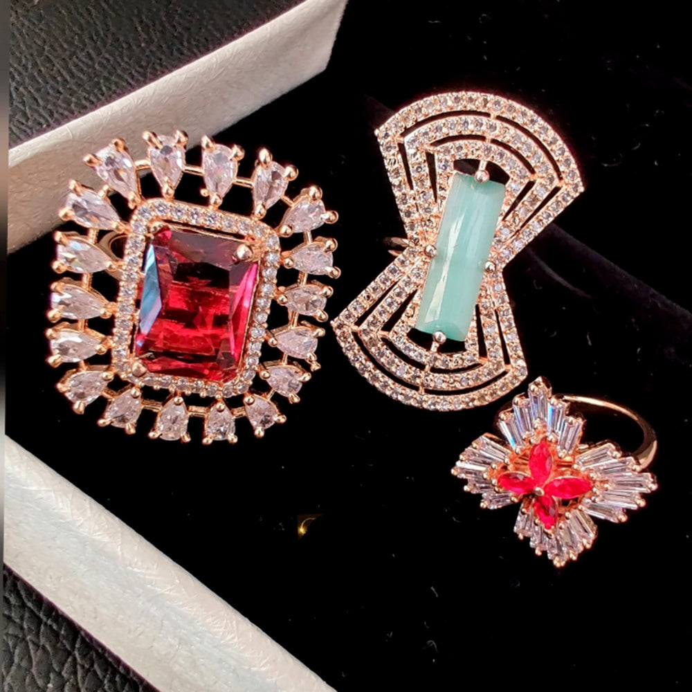 Vaamika Gold Plated Pack Of 3 Ad Stone Ring Combo