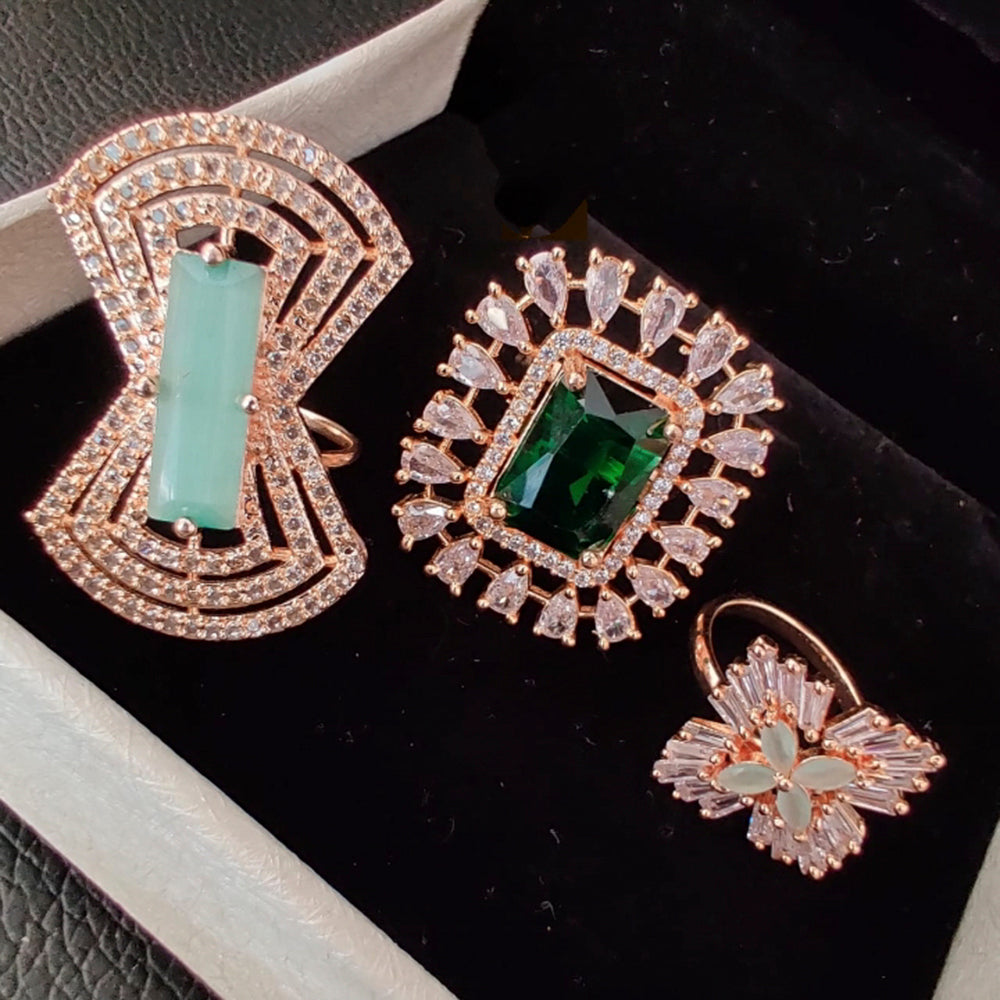 Vaamika Gold Plated Pack Of 3 Ad Stone Ring Combo