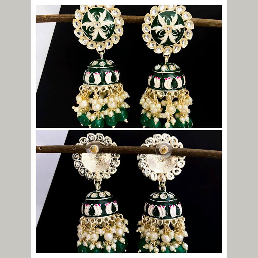 Vaamika Gold Plated Dark Green Meenakari Jhumki Earrings