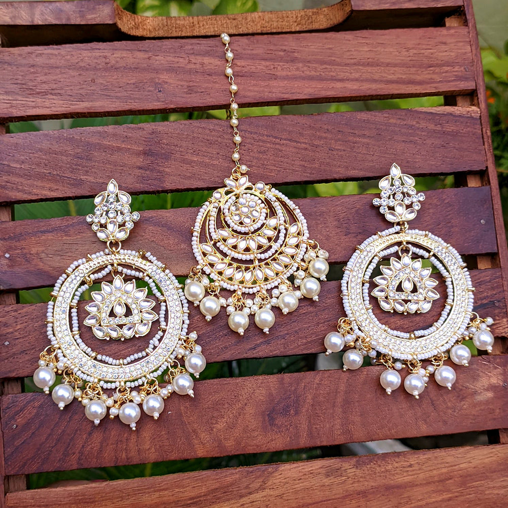 Vaamika Gold Plated Kundan Stone Dangler Earrings With Maang Tikka