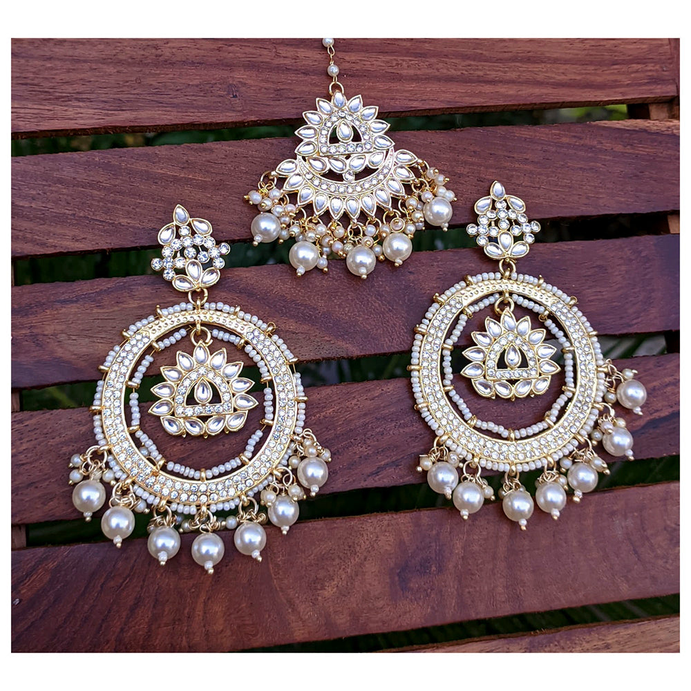 Vaamika Gold Plated Kundan Stone Dangler Earrings With Maang Tikka