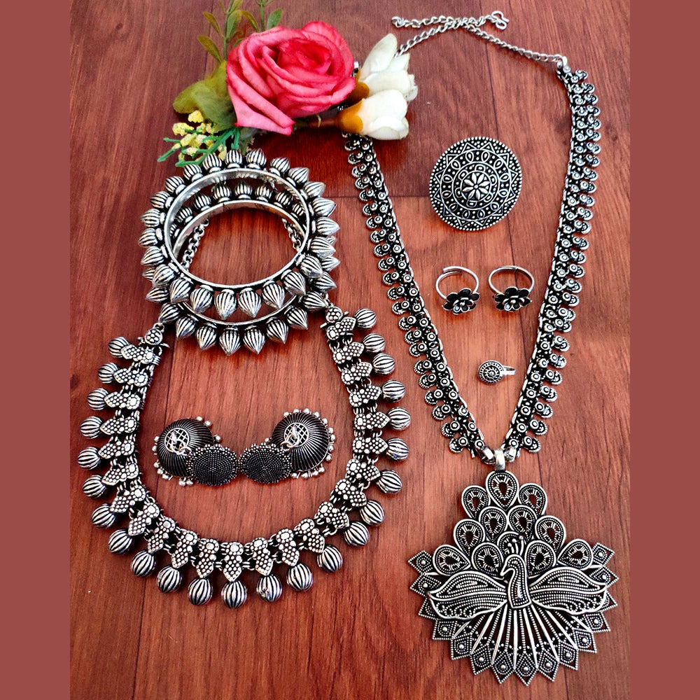 Vaamika Oxidized Plated Long & Choker Necklace Set With Nose Ring , Ring , Bangle , Toe Ring Combo
