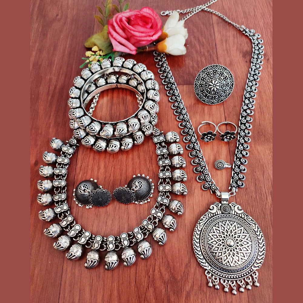 Vaamika Oxidized Plated Long & Choker Necklace Set With Nose Ring , Ring , Bangle , Toe Ring Combo