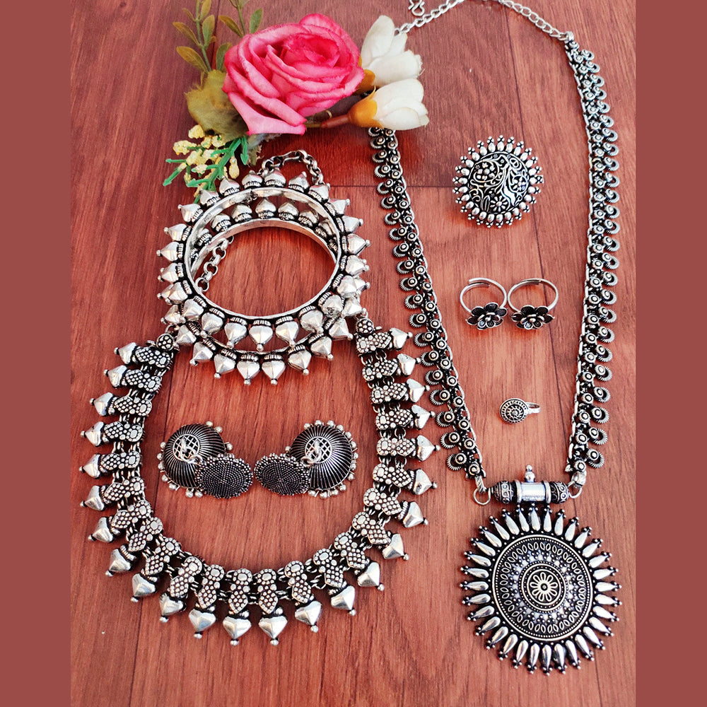 Vaamika Oxidized Plated Long & Choker Necklace Set With Nose Ring , Ring , Bangle , Toe Ring Combo