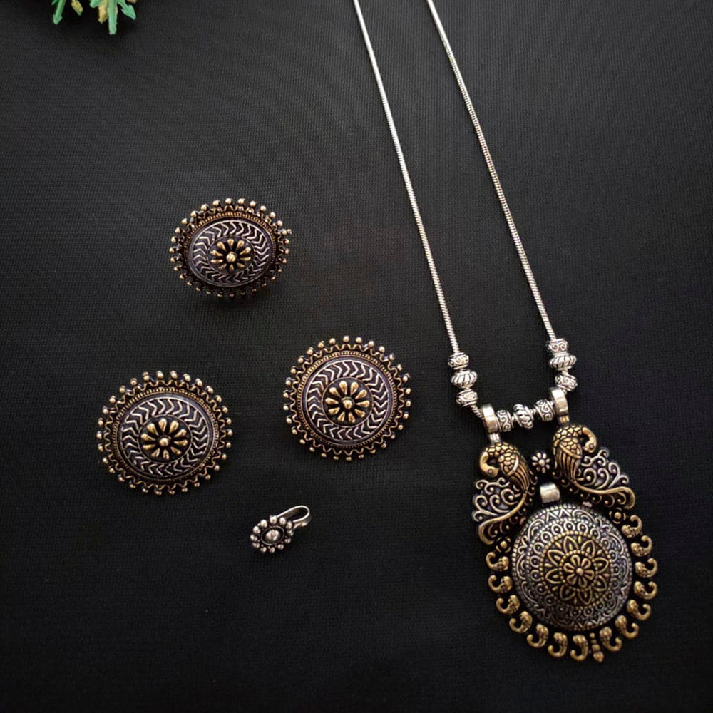 Vaamika Oxidised 2Tone Plated Chain Pendant Stud Ring & Nose Pin Combo