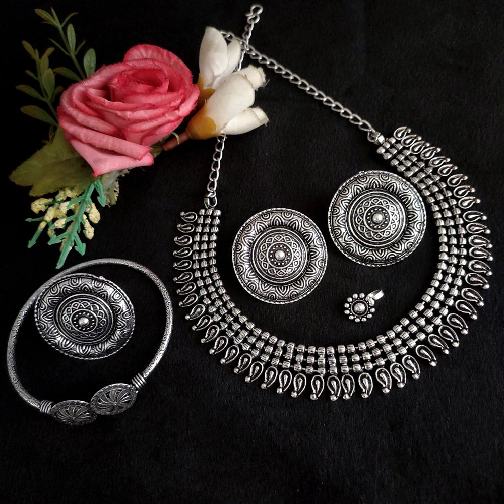 Vaamika Oxidized Plated Necklace Set With Nose Ring , Ring , Bracelet