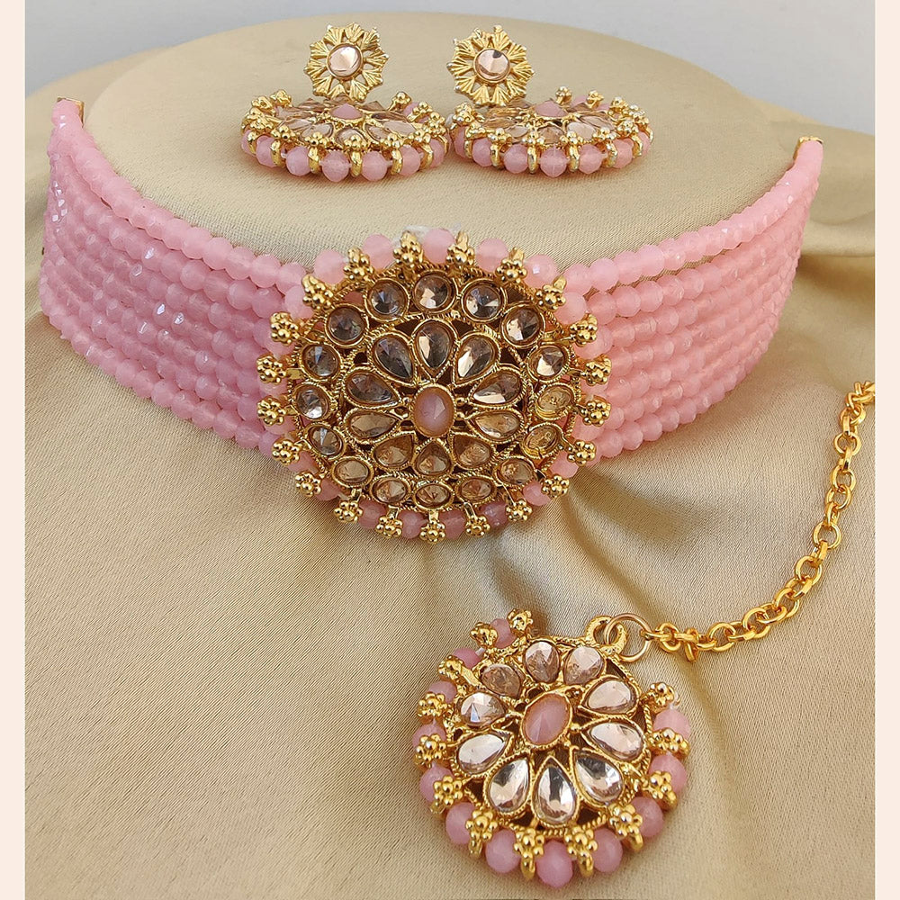 Vaamika Crystal Stone & Beads Gold Plated Choker Necklace Set