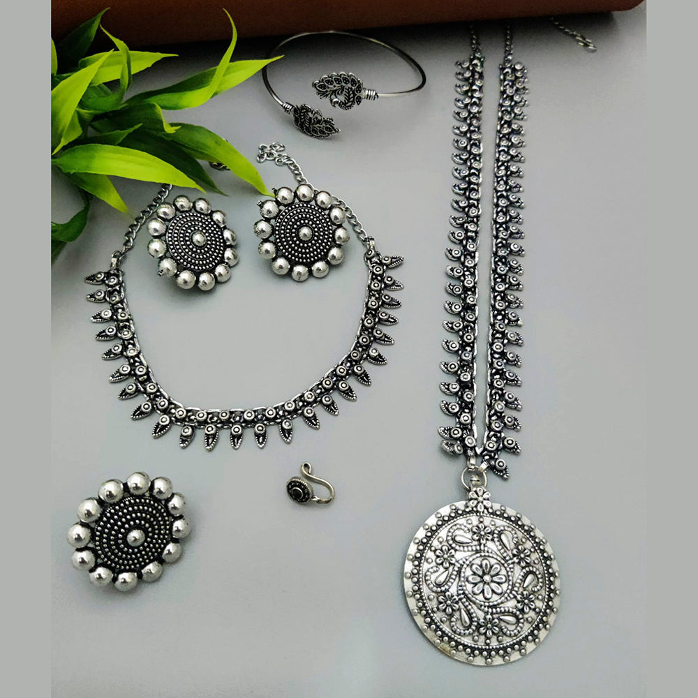 Vaamika Oxidized Plated Long And Short Necklace Set With Nose Ring , Ring , Bracelet Combo
