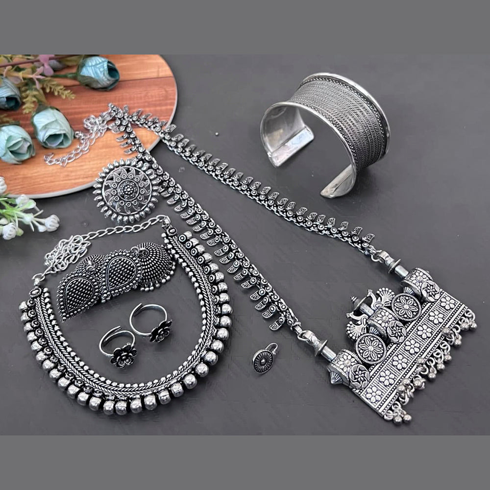 Vaamika Oxidized Plated Long & Choker Necklace Set With Nose Pin , Ring , Kada , toe Ring