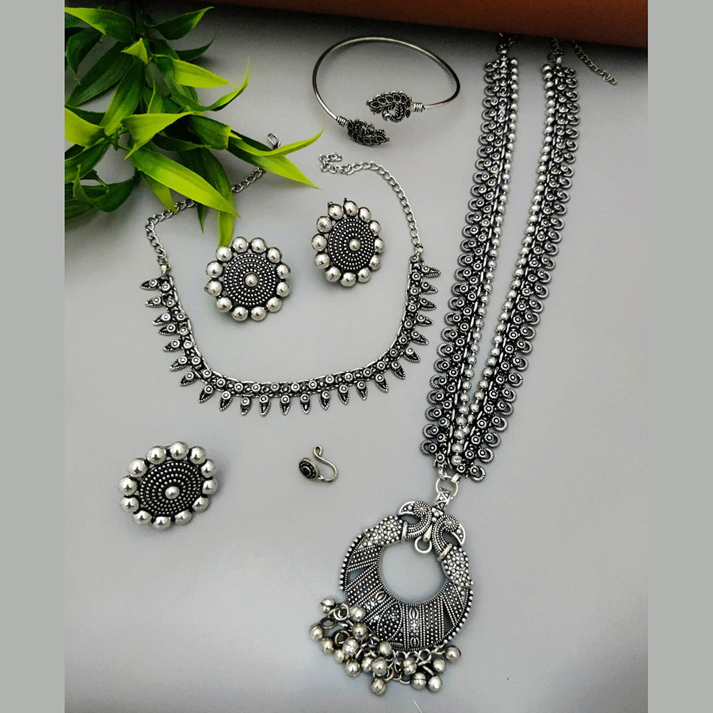 Vaamika Oxidized Plated Long And Short Necklace Set With Nose Ring , Ring , Bracelet Combo